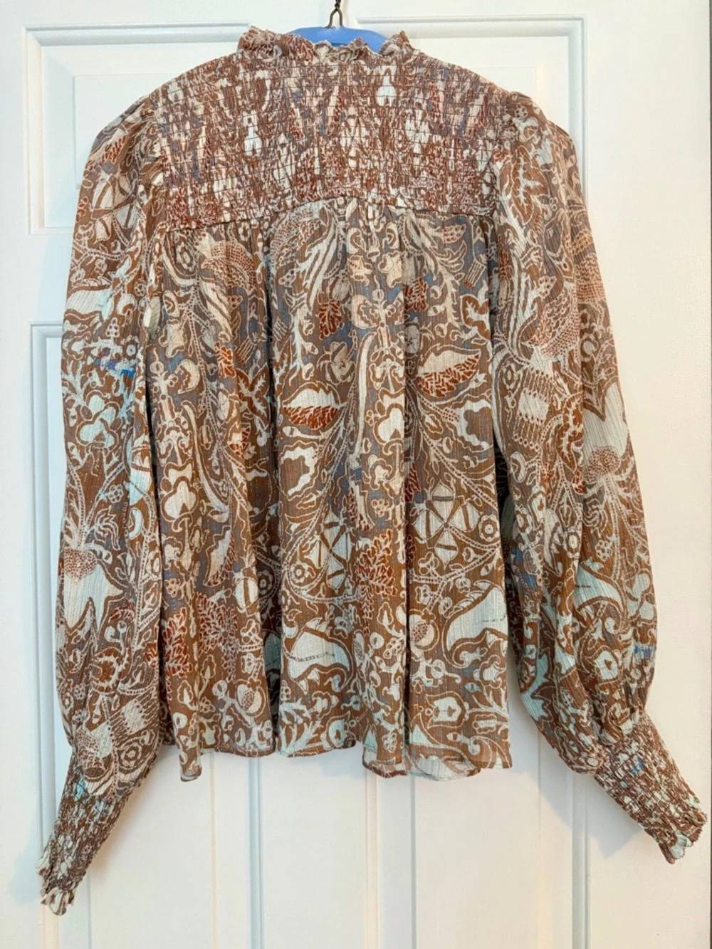 Ulla Johnson Taupe & Cream Paisley Tie-Neck Blouse